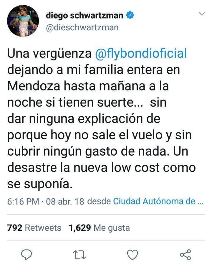 Fly Bondi. Diego Schwartzman escrachó a la Low Cost por dejar a su Familia Varada en Mendoza