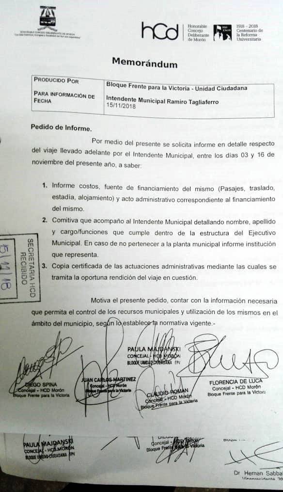 HCD Morón. La Oposición Pidió Informes sobre el Polémico Viaje de Tagliaferro a Europa.